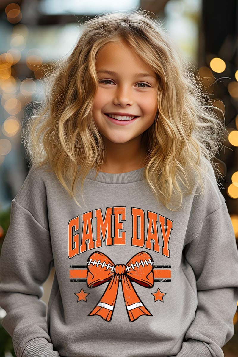UL180B-E3064Z Orange Game Day Football Bow Kids Sweatshirt $20
