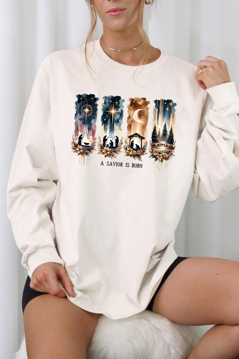 UL240-E3204 Savior Is Born Nativity Graphic Long Sleeve Tee $13.75