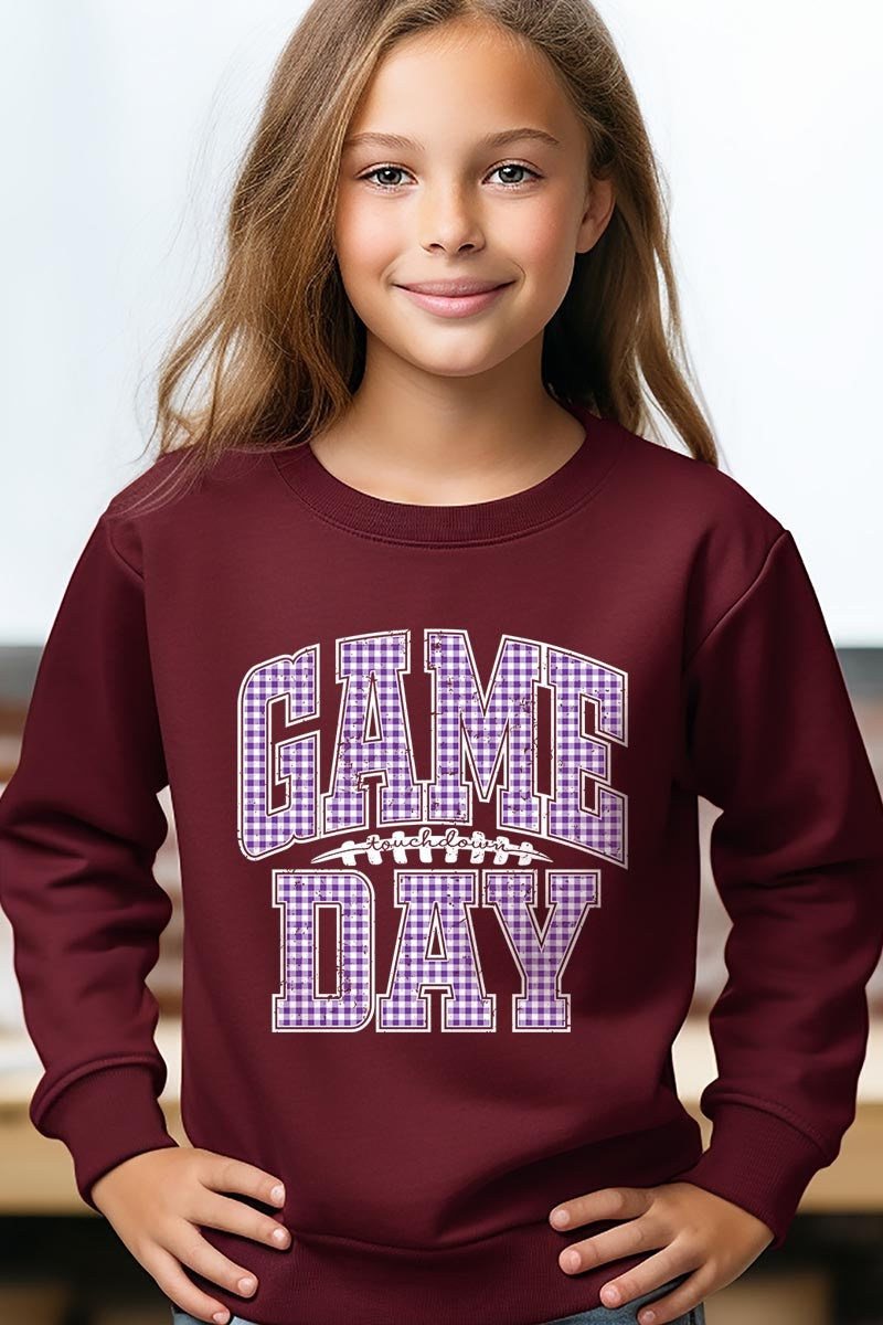 UL180B-E3127Z Purple Gingham Game Day Kids Graphic Sweatshirt $20