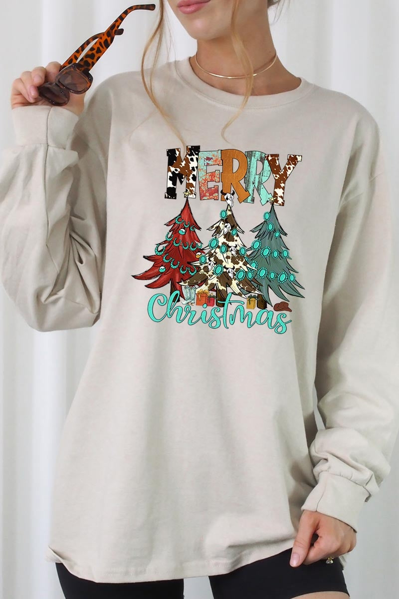 UL240-E3200 Merry Christmas Trees Graphic Long Sleeve Tee $13.75