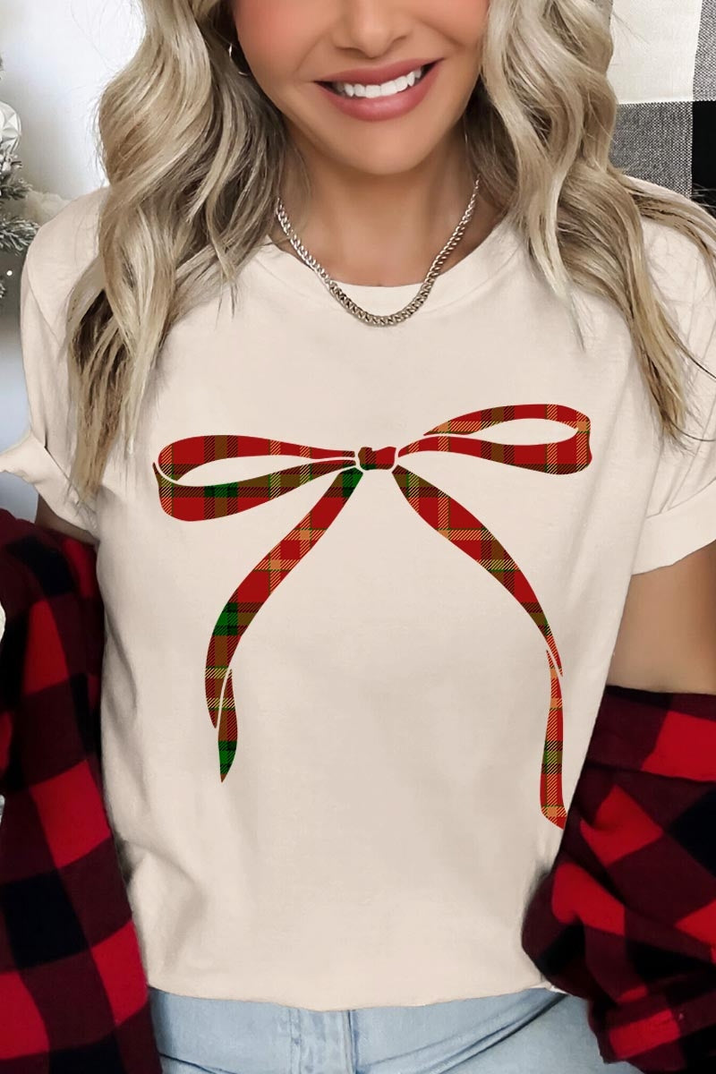 US3001-E3211 Red Bow Christmas Graphic Tee $12.5