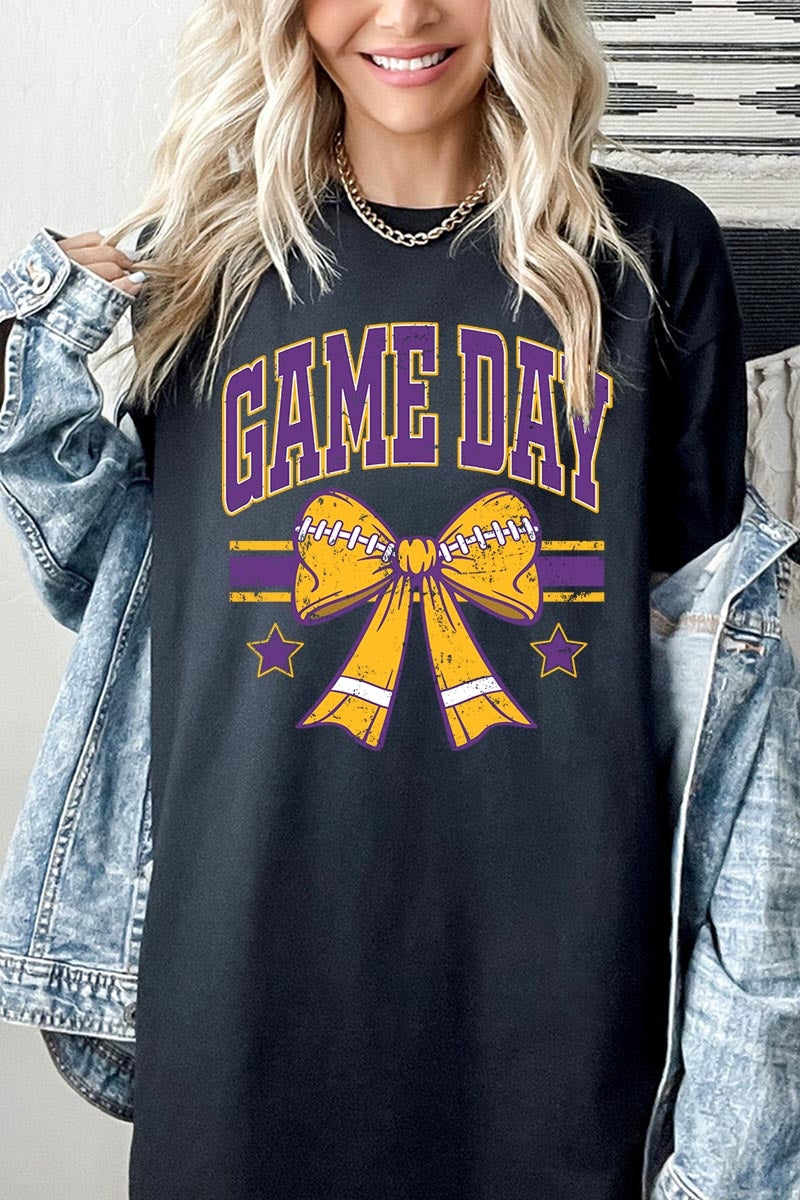 5000P-E3063 Purple Football Bow Graphic Plus Heavy Cotton Tee $12.75