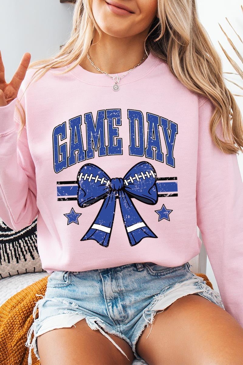UL180P-E3065 Blue Game Day Football Bow Graphic Plus Sweatshirt $25