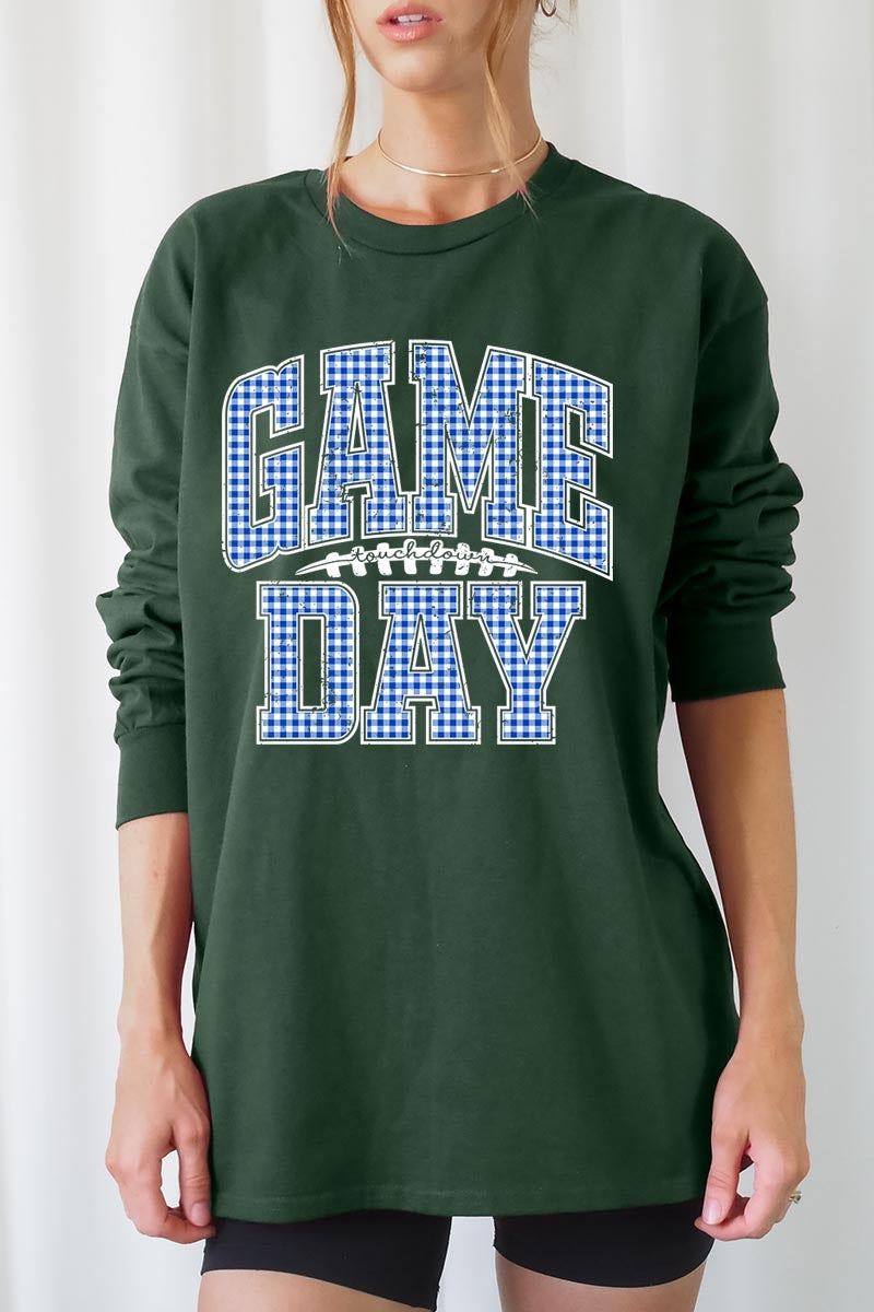 UL240P-E3130 Blue Gingham Game Day Graphic Plus Long Sleeve Tee $17
