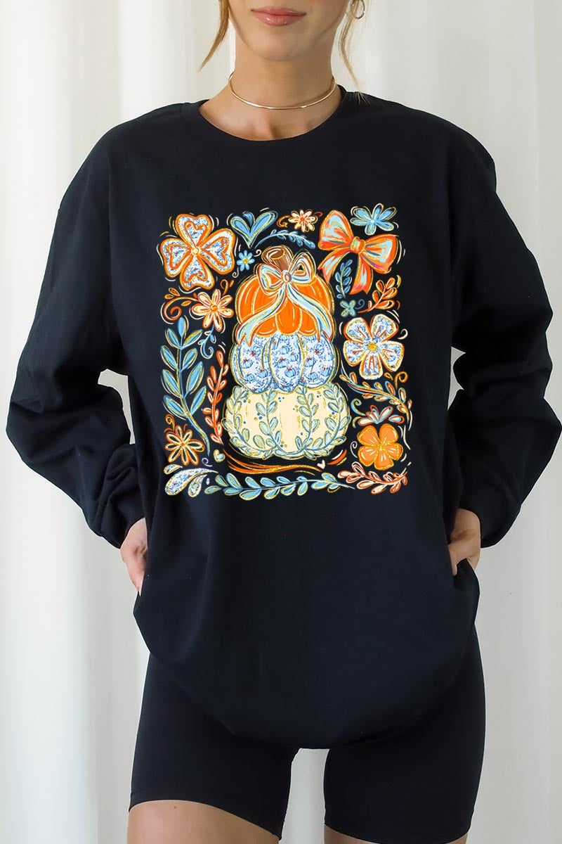 UL240P-E3153 Floral Pumpkin Stack Graphic Plus Long Sleeve Tee $17