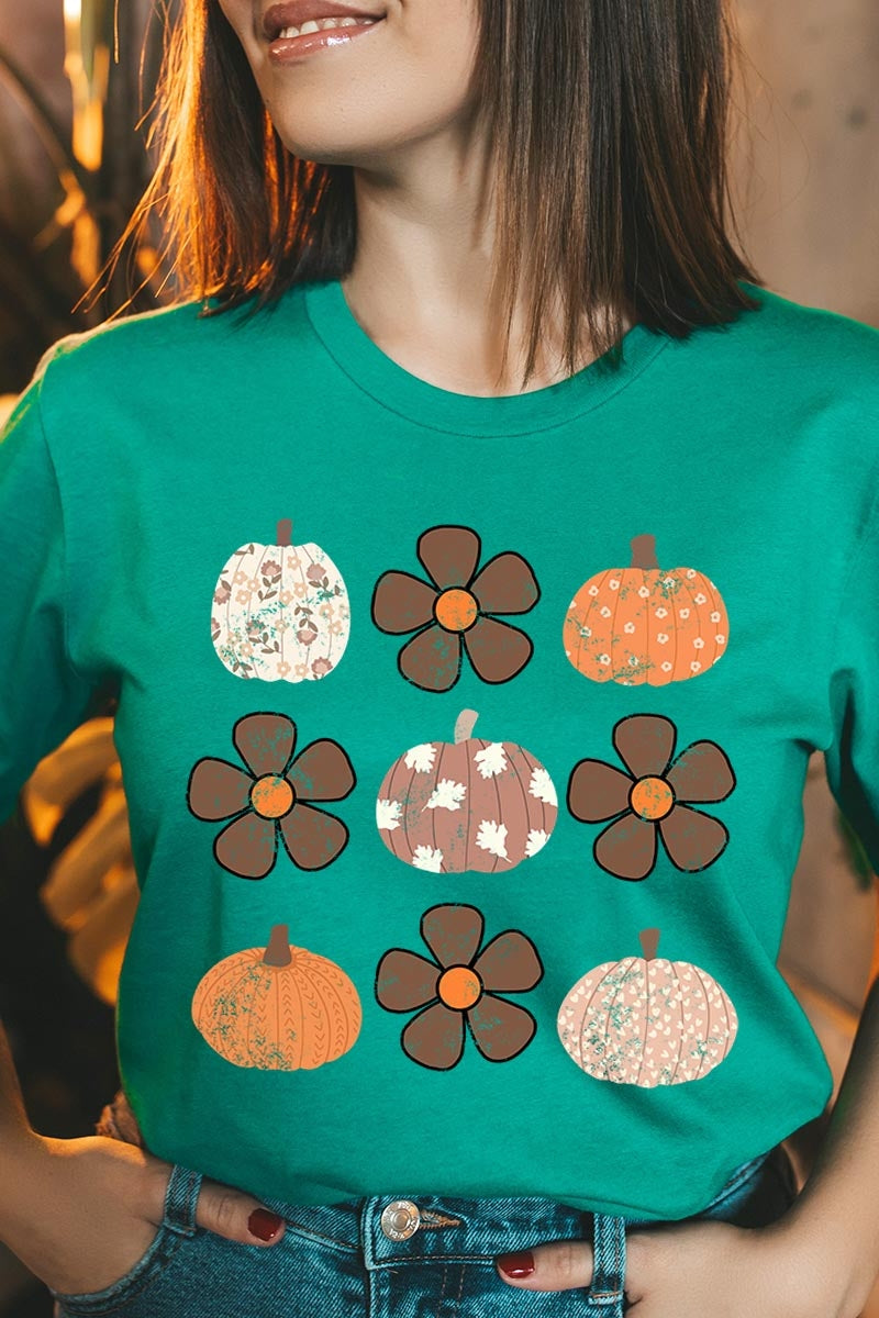 US3001-E3117 Pumpkins & Flowers Fall Graphic Tee $12.5