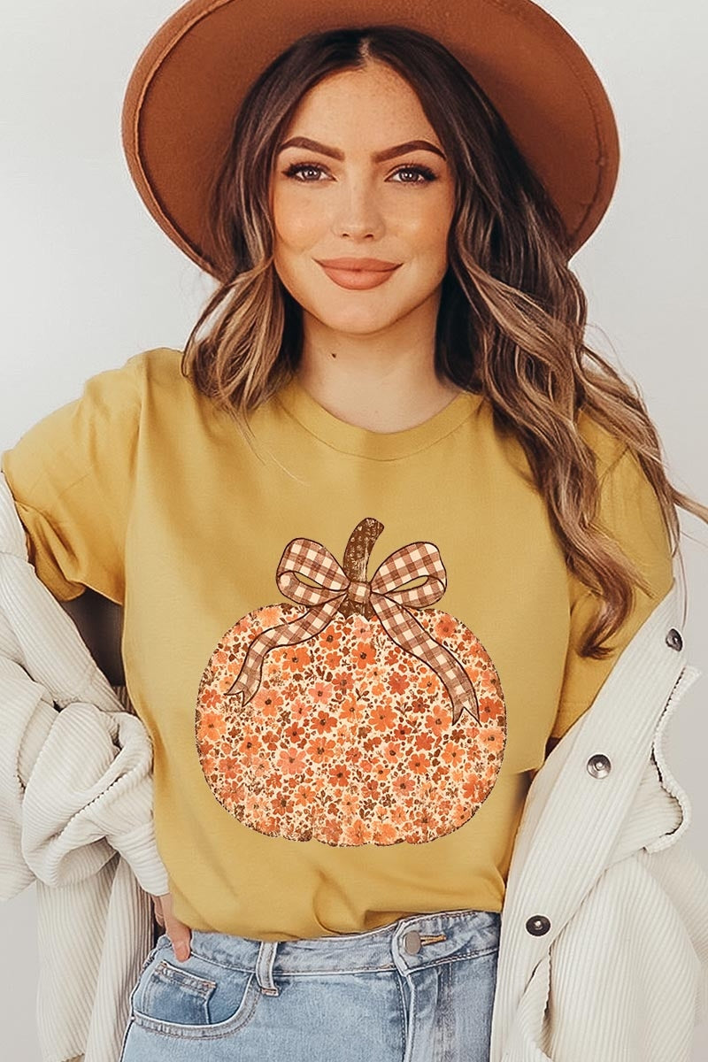 US3001P-E3135 Floral Fall Pumpkin Graphic Plus Tee $16
