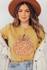 US3001-E3135 Floral Fall Pumpkin Graphic Tee $12.5