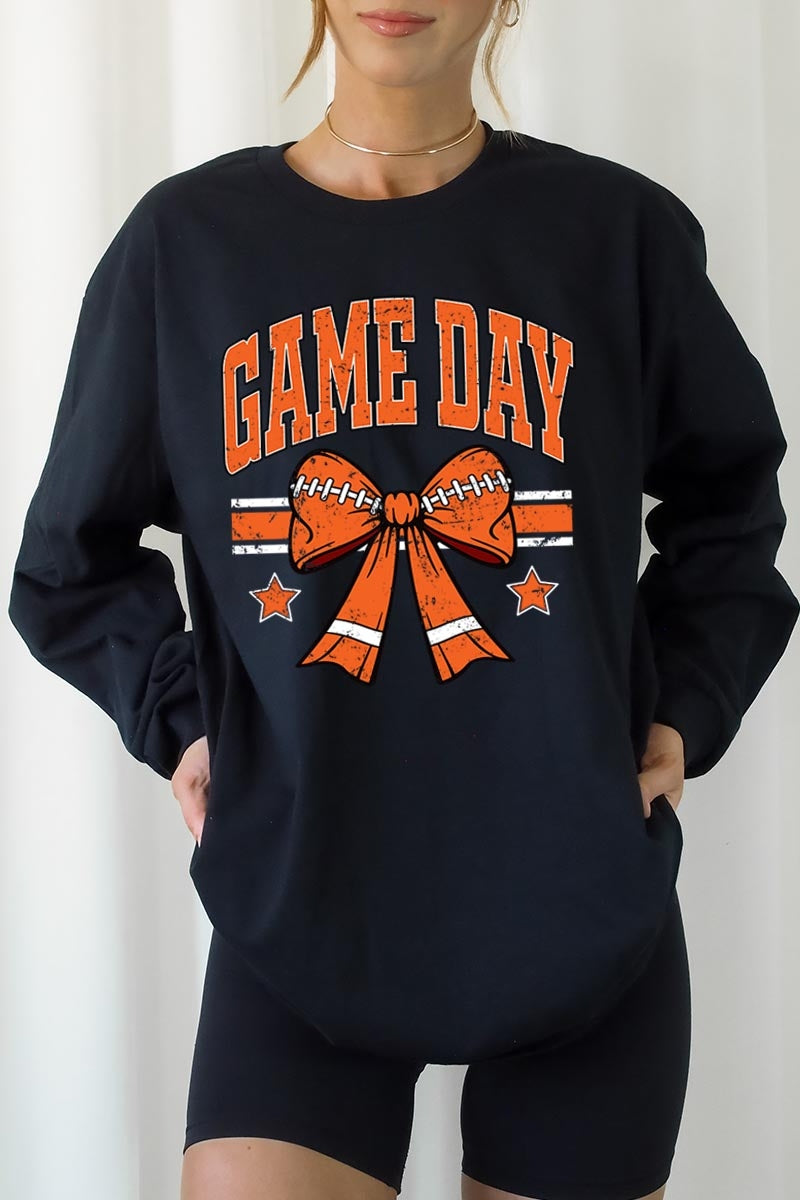 UL240P-E3064 Orange Game Day Football Bow Plus Long Sleeve Tee $17
