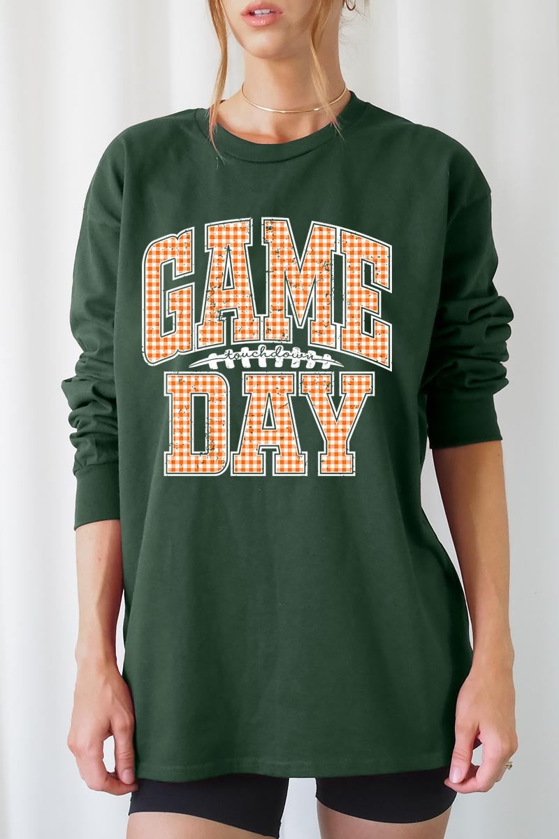 UL240P-E3129 Orange Gingham Game Day Plus Long Sleeve Tee $17
