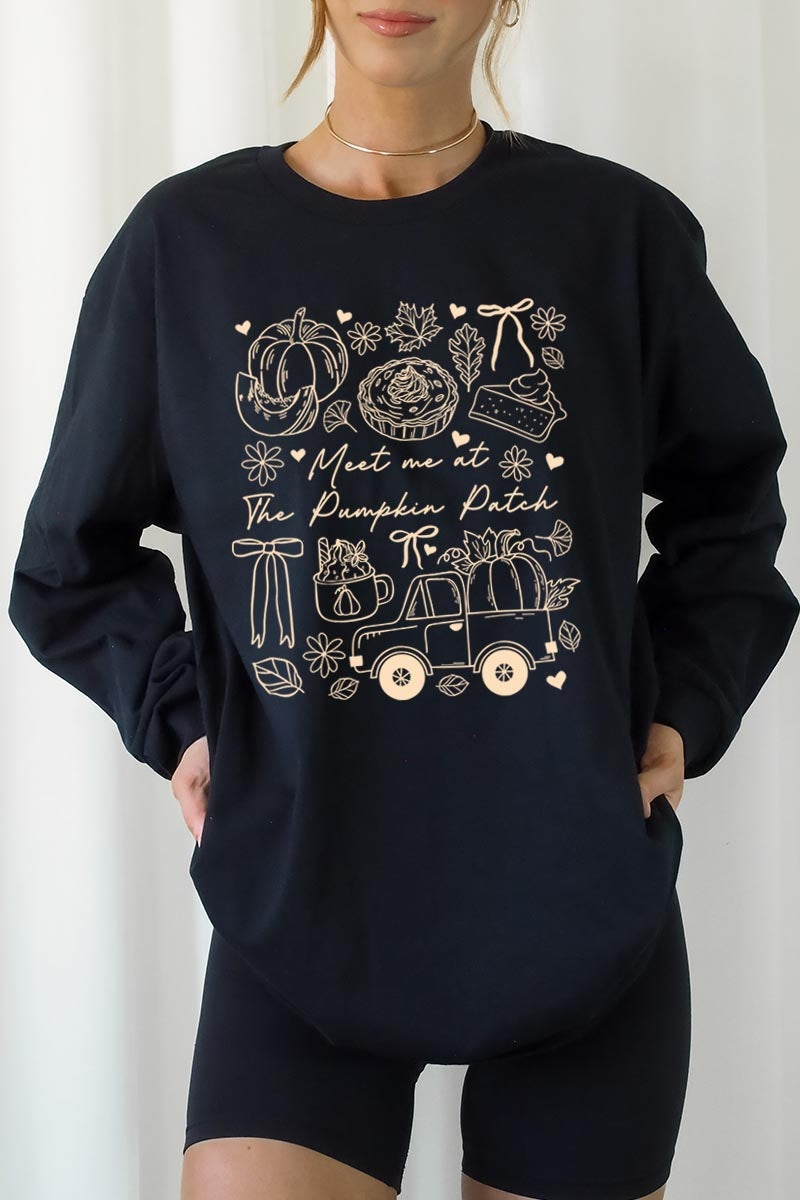 UL240-E3163 Pumpkin Patch Doodle Graphic Long Sleeve Tee $13.75