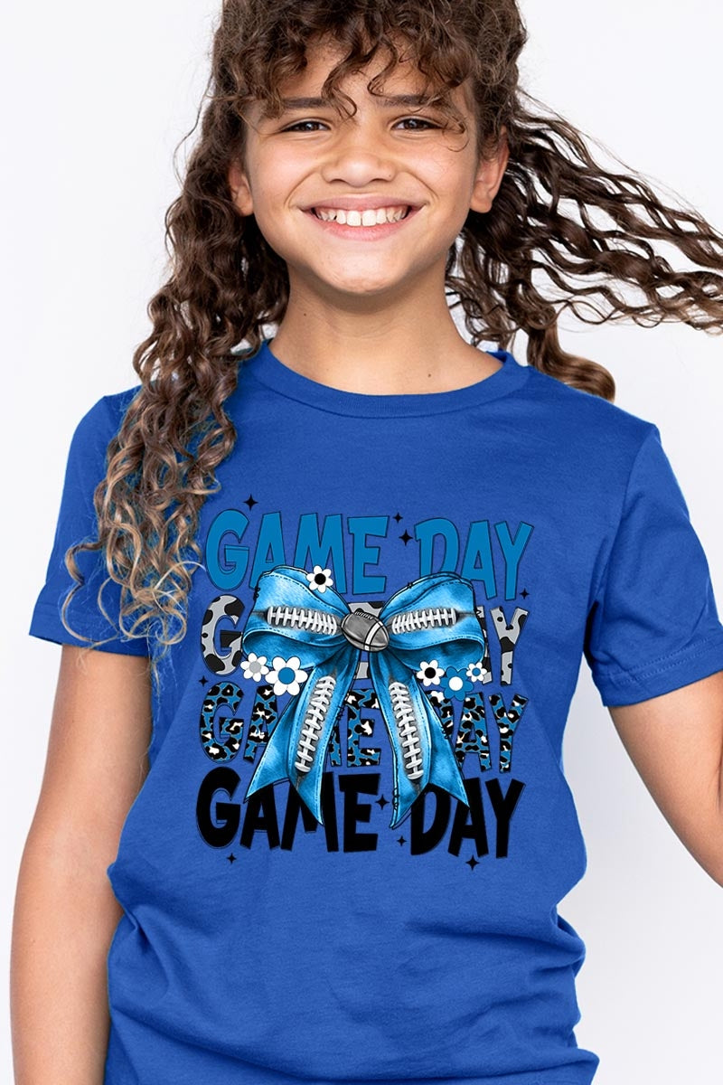 US3001Y-E3089Z Blue Silver Football Game Day Bow Kids Graphic Tee $11