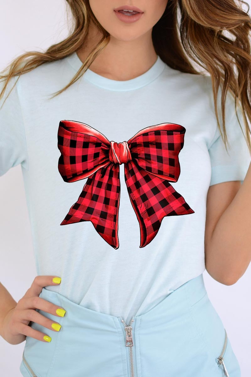 US3001-E3198 Red Buffalo Plaid Bow Graphic Tee $12.5