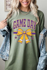 5000-E3063 Purple Football Bow Graphic Heavy Cotton Tee $9