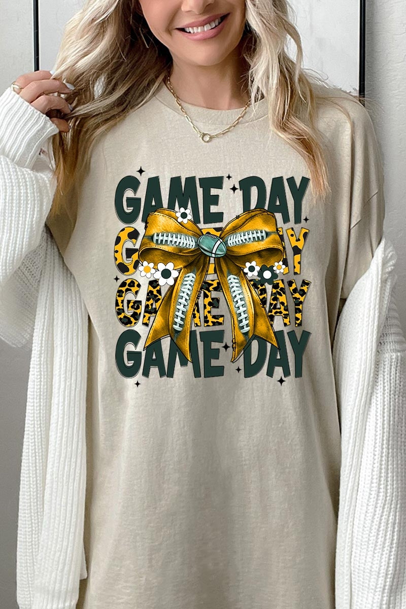 5000P-E3090 Yellow Football Game Day Bow Plus Heavy Cotton Tee $12.75