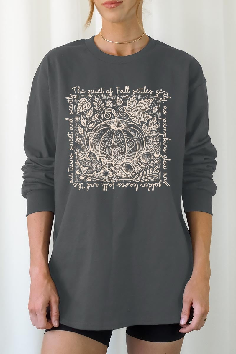 UL240-E3112 Fall Pumpkin Botanical Graphic Long Sleeve Tee $13.75