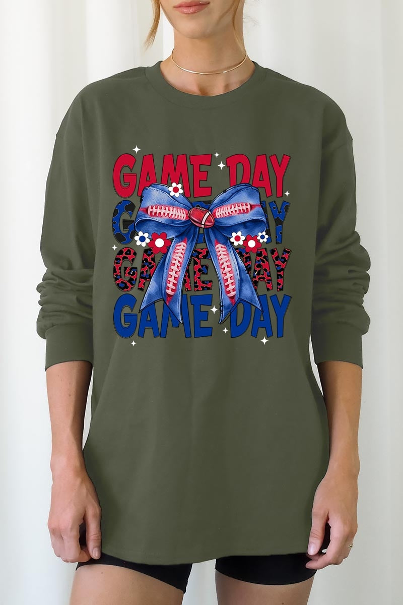 UL240P-E3087 Red Blue Football GameDay Bow Plus Long Sleeve Tee $17