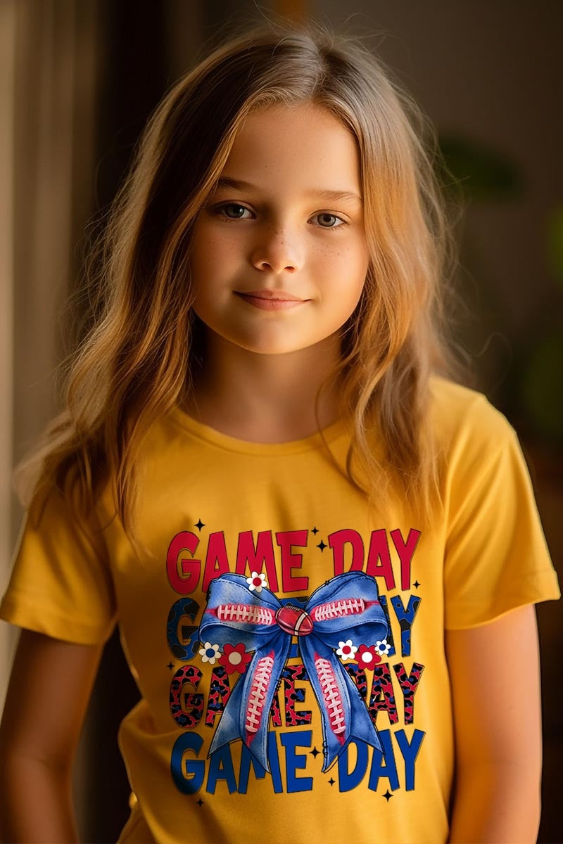 US3001Y-E3087Z Red Blue Football Game Day Bow Kids Graphic Tee $11