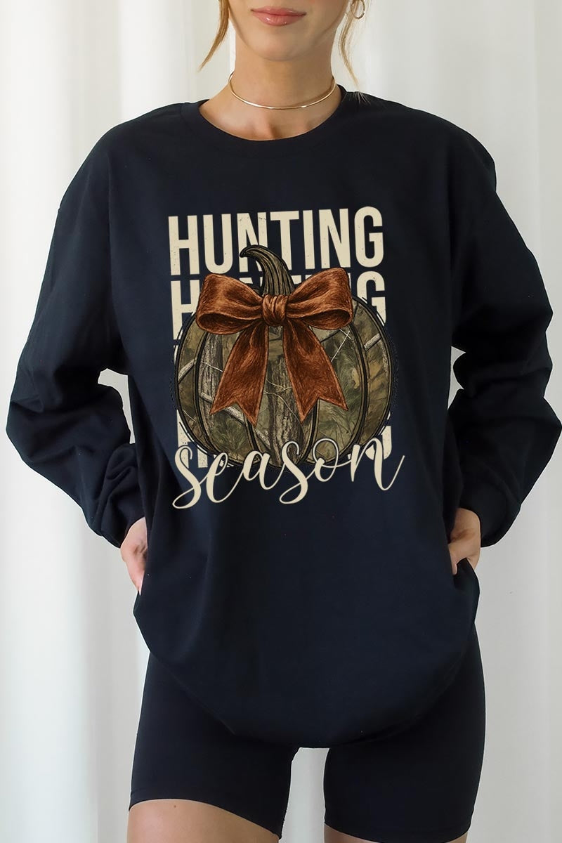 UL240-E3190 Hunting Pumpkin Bow Graphic Long Sleeve Tee $13.75