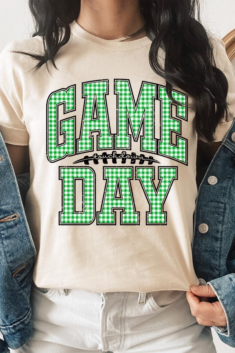 US3001-E3128 Green Gingham Game Day Graphic Tee $12.5