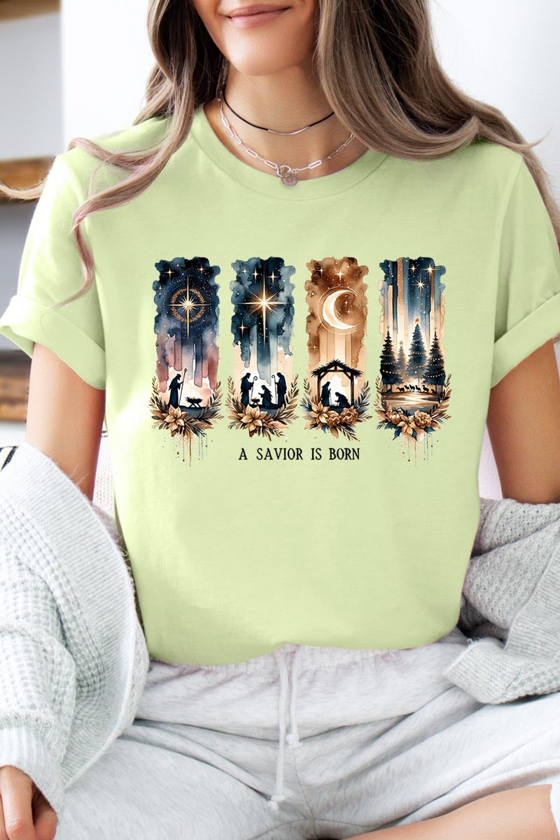 US3001-E3204 Savior Is Born Nativity Graphic Tee $12.5