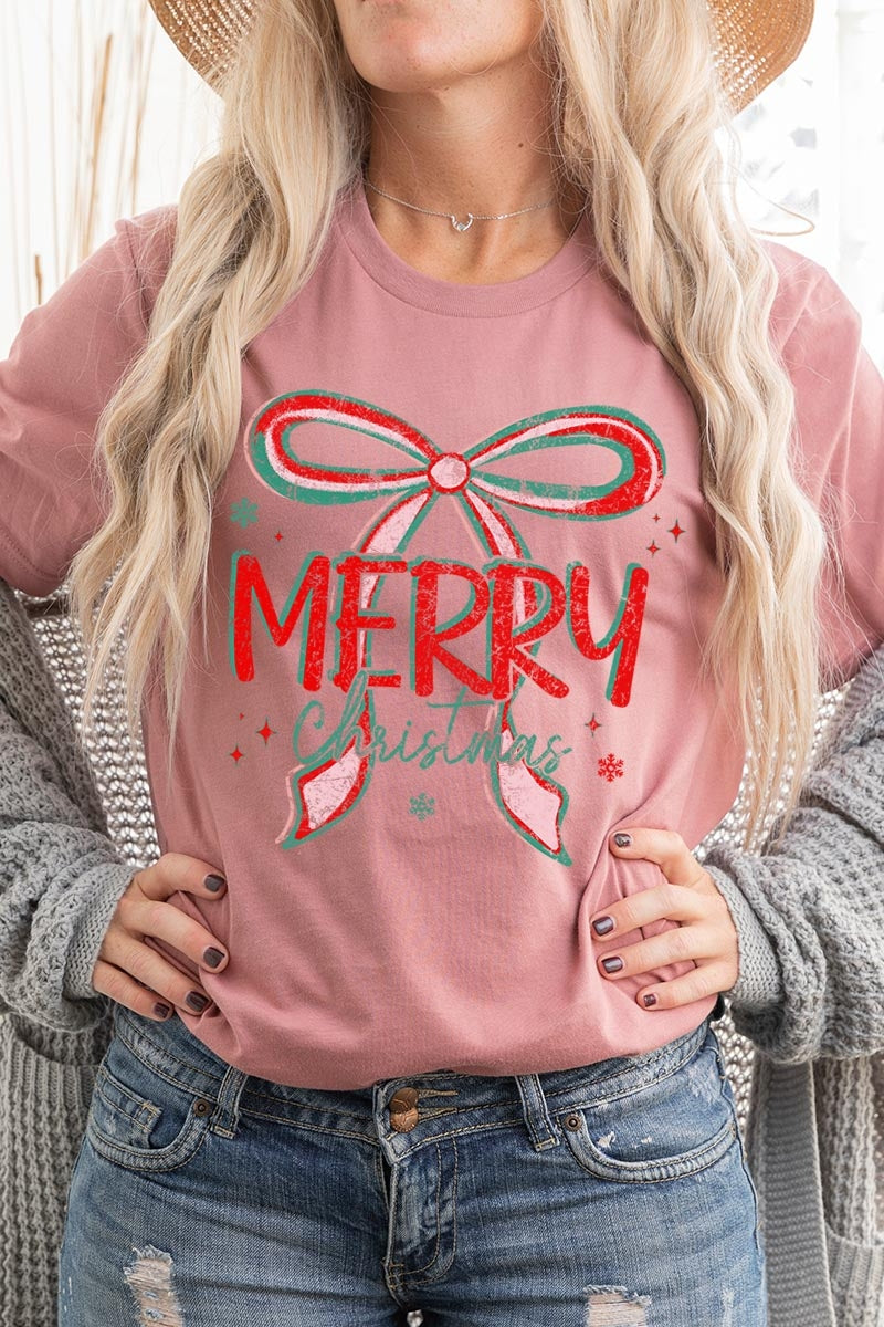 US3001P-E3197 Merry Christmas Bow Graphic Plus Tee $16