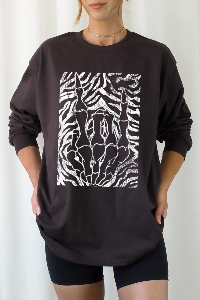UL240P-E3177 Skeleton Hands Zebra Graphic Plus Long Sleeve Tee $17