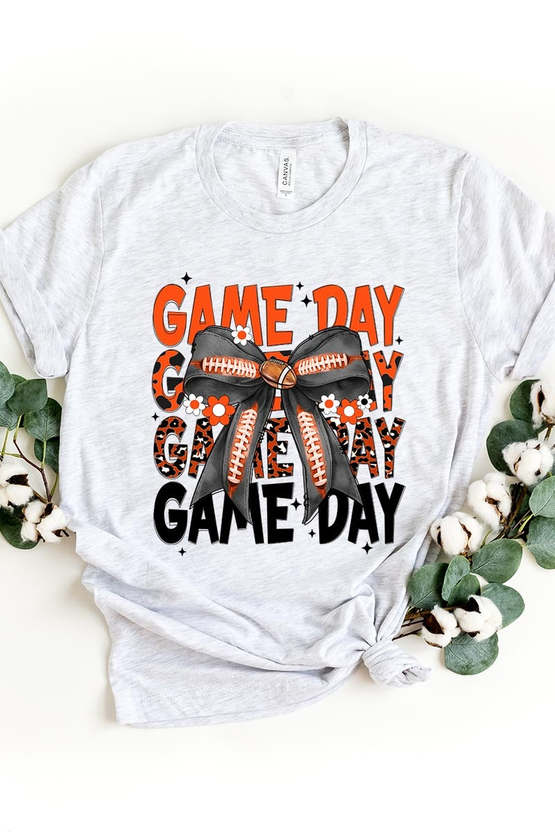 US3001P-E3088 Orange Black Football Game Day Bow Plus Tee $16