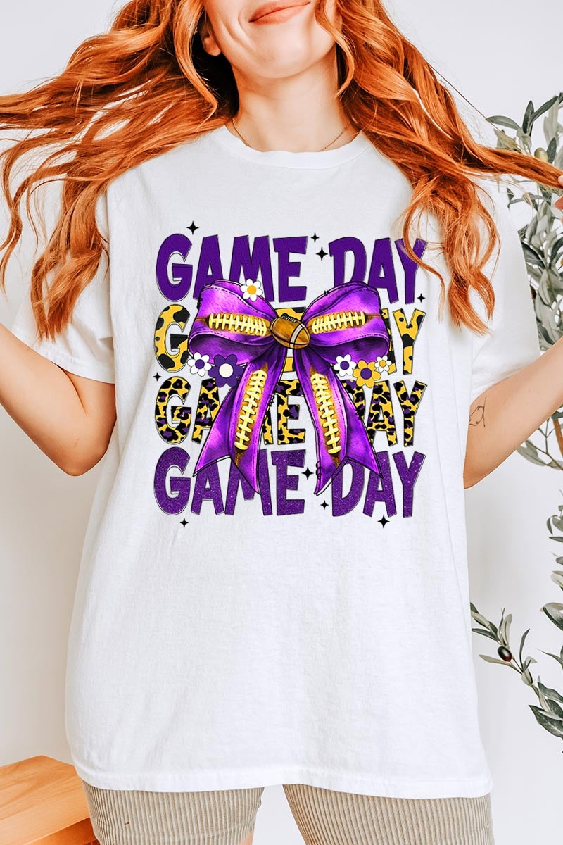 5000P-E3092 Purple Yellow Football Bow Plus Heavy Cotton Tee $12.75