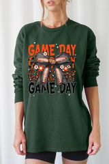 UL240-E3088 Orange Black Football Game Day Bow Long Sleeve Tee $13.75