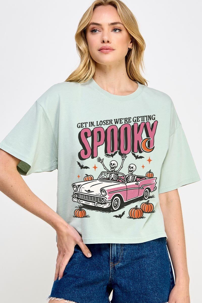CTS-E3142 Spooky Skeleton Graphic Relaxed Crop Top $11