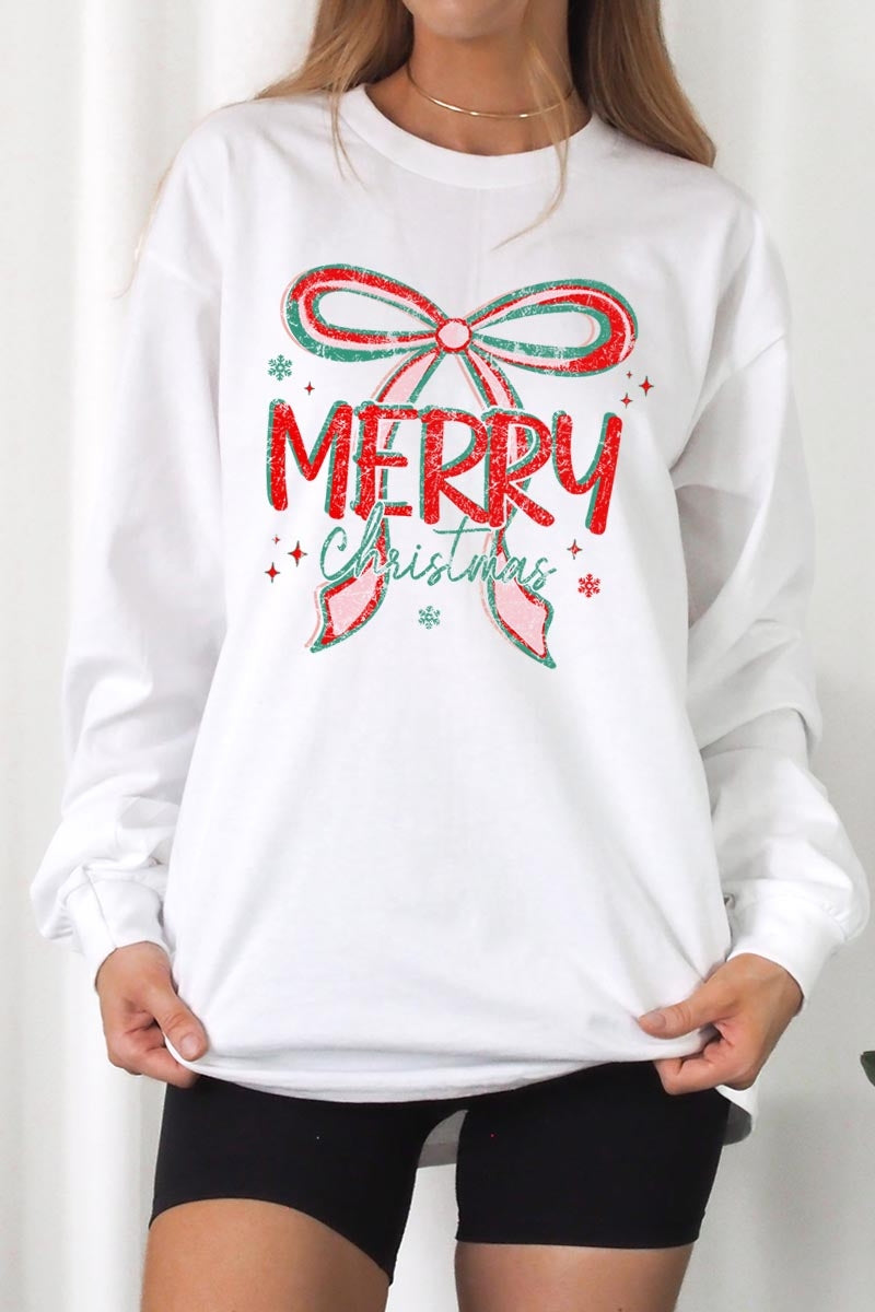 UL240-E3197 Merry Christmas Bow Graphic Long Sleeve Tee $13.75