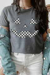 US3001-E3149 Checker Pumpkin Face Graphic Tee $12.5