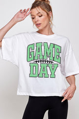 CTS-E3128 Green Gingham Game Day Graphic Relaxed Crop Top $11