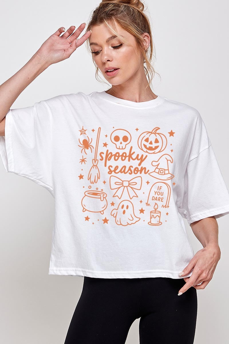 CTS-E3141 Halloween Doodle Graphic Relaxed Crop Top $11