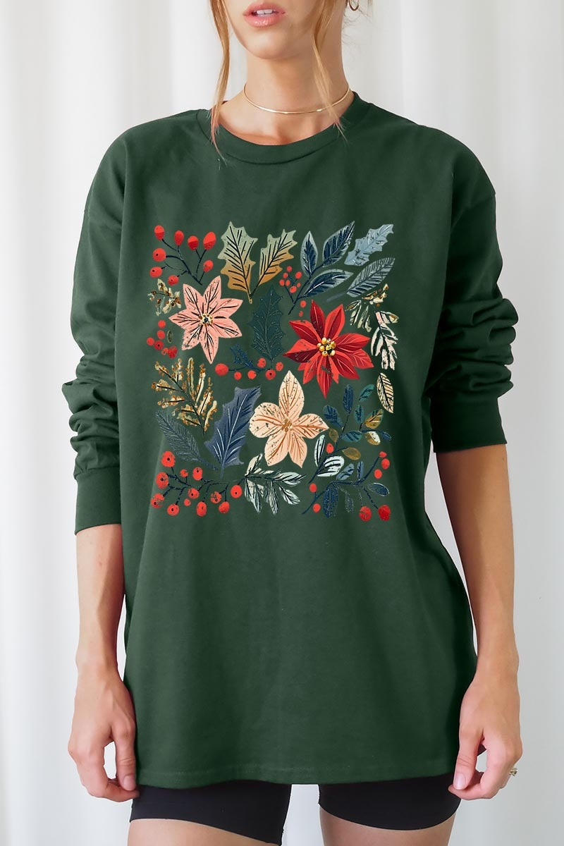 UL240-E3186 Floral Christmas Graphic Long Sleeve Tee $13.75