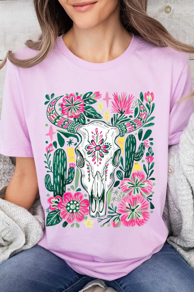 US3001-E3086 Western Floral Cow Skull Graphic Tee $12.5
