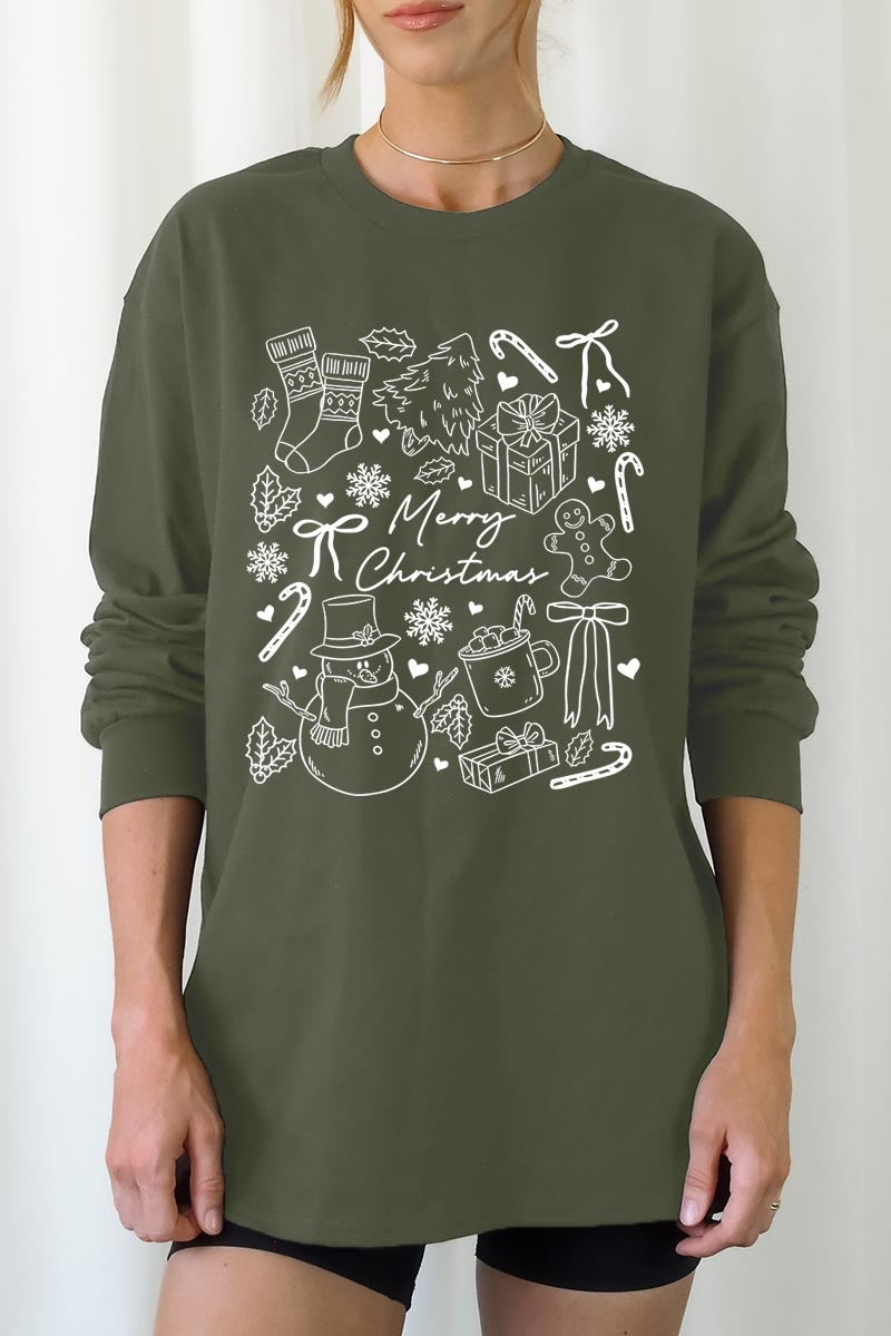 UL240-E3181 Christmas Doodle Graphic Long Sleeve Tee $13.75