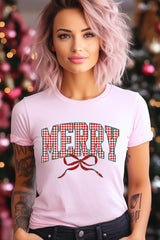 US3001-E3206 Plaid Merry Christmas Bow Graphic Tee $12.5