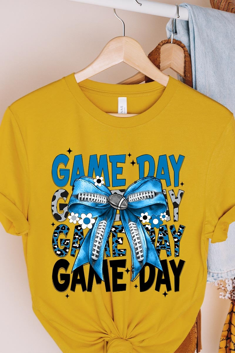 US3001P-E3089 Blue Silver Football Game Day Bow Graphic Plus Tee $16