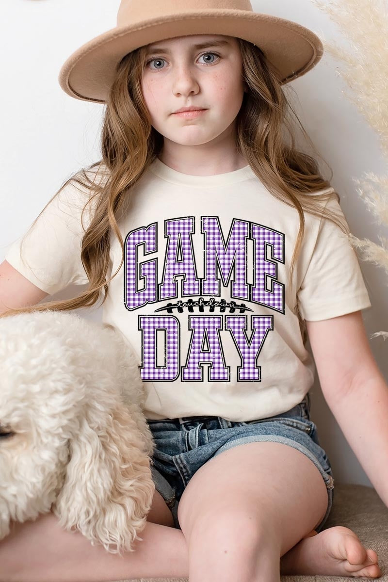 US3001Y-E3127Z Purple Gingham Game Day Kids Graphic Tee $11