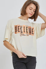 CTS-E3167 Believe Fall Christian Graphic Relaxed Crop Top $11