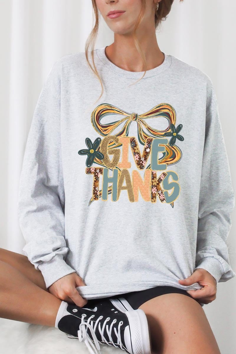 UL240P-E3154 Give Thanks Bow Graphic Plus Long Sleeve Tee $17