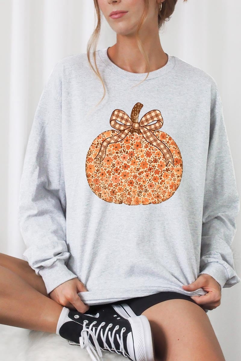 UL240-E3135 Floral Fall Pumpkin Graphic Long Sleeve Tee $13.75