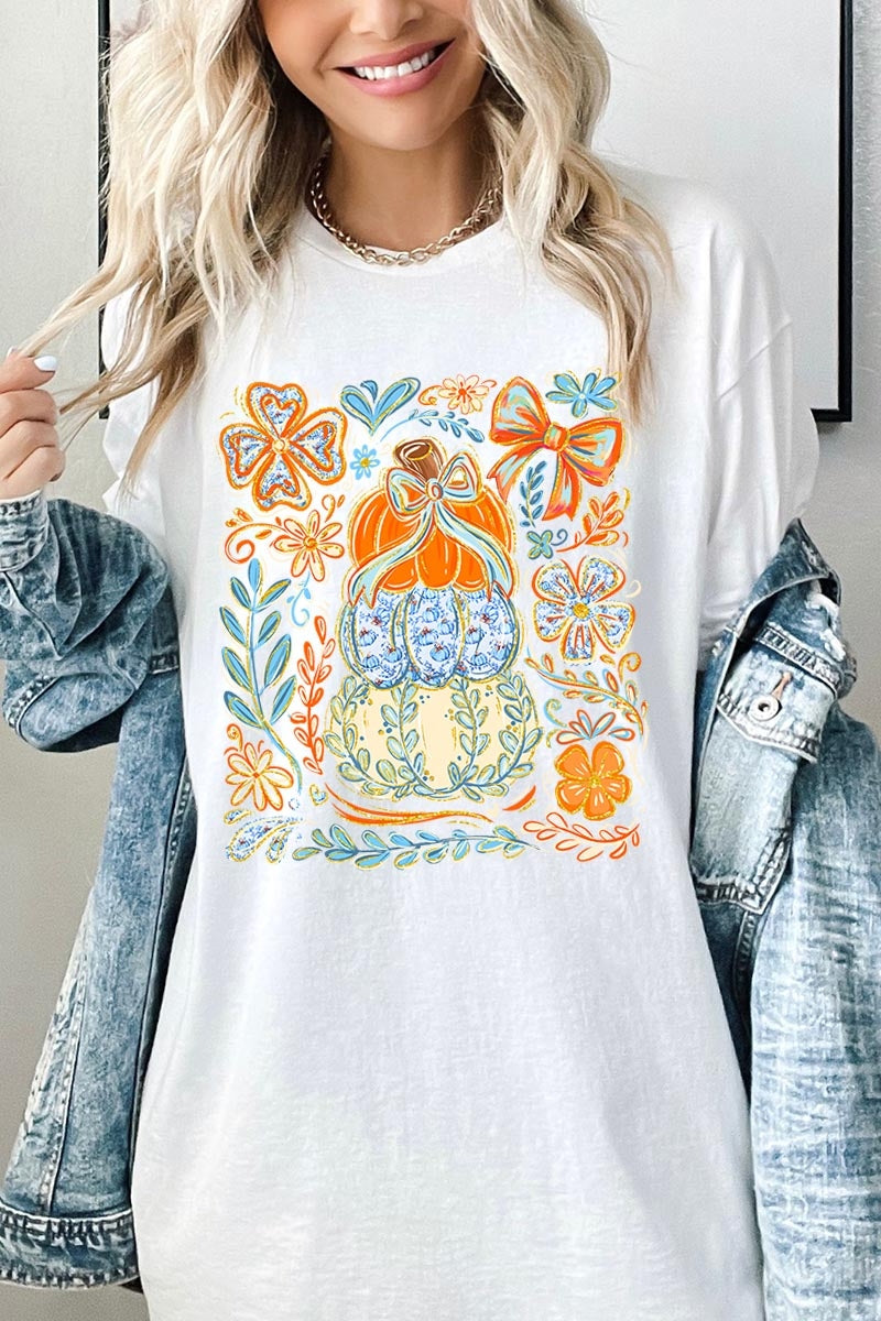 5000P-E3153 Floral Pumpkin Stack Graphic Plus Heavy Cotton Tee $12.75