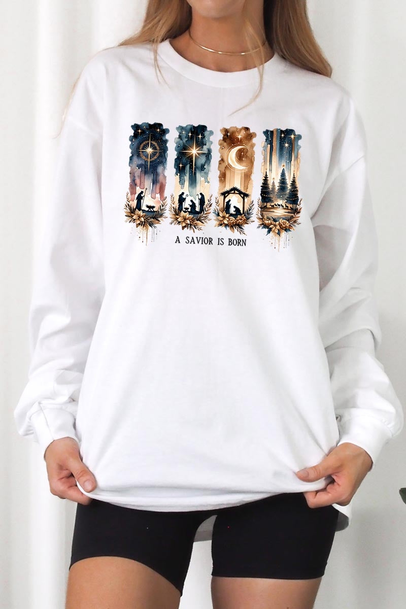 UL240-E3204 Savior Is Born Nativity Graphic Long Sleeve Tee $13.75