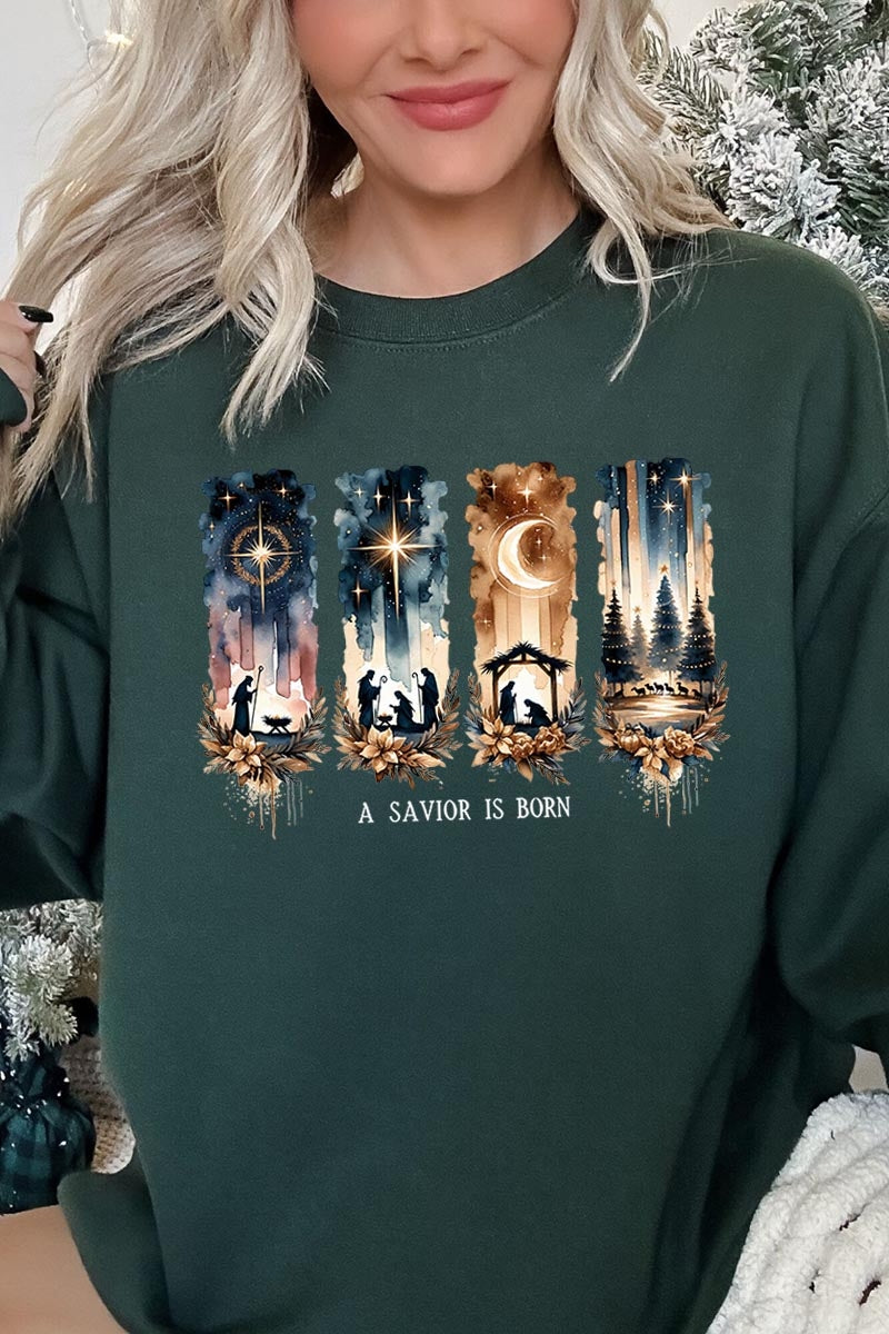 UL180P-E3204 Savior Is Born Nativity Graphic Plus Sweatshirt $25
