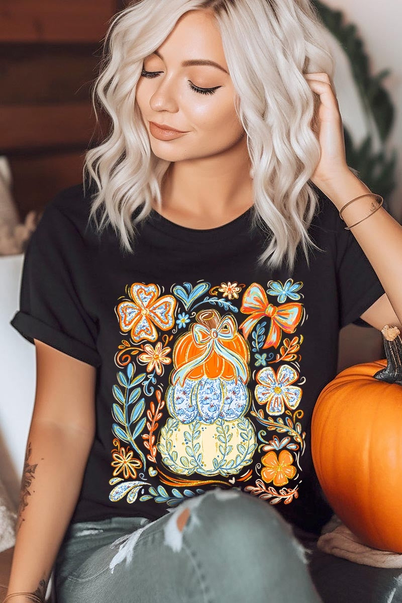 US3001-E3153 Floral Pumpkin Stack Graphic Tee $12.5