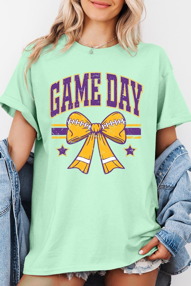 5000-E3063 Purple Football Bow Graphic Heavy Cotton Tee $9