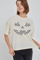 CTS-E3149 Checker Pumpkin Face Graphic Relaxed Crop Top $11